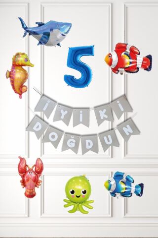 Su Altı Canlıları Doğum Günü Balon Süsleme Seti Bannerlı Yaş Balonlu Deniz Canlıları Balon Paketi 5
