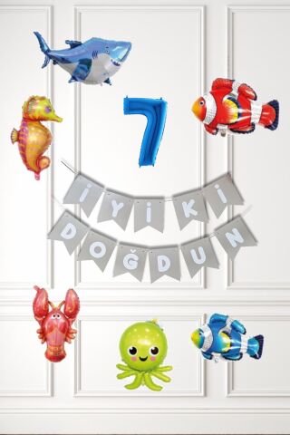 Su Altı Canlıları Doğum Günü Balon Süsleme Seti Bannerlı Yaş Balonlu Deniz Canlıları Balon Paketi 7