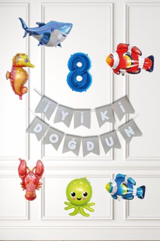 Su Altı Canlıları Doğum Günü Balon Süsleme Seti Bannerlı Yaş Balonlu Deniz Canlıları Balon Paketi 8