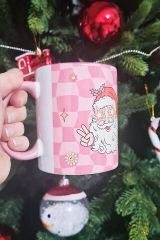Retro Groovy Santa Tasarım Yılbaşı Hediyesi Pembe Kupa Bardak