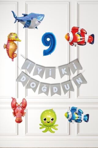 Su Altı Canlıları Doğum Günü Balon Süsleme Seti Bannerlı Yaş Balonlu Deniz Canlıları Balon Paketi 9