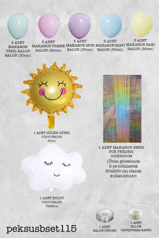 Gökkuşağı Konsept Bulut Güneş Balonlu Makaron Fon Perdeli Balon Zinciri Seti