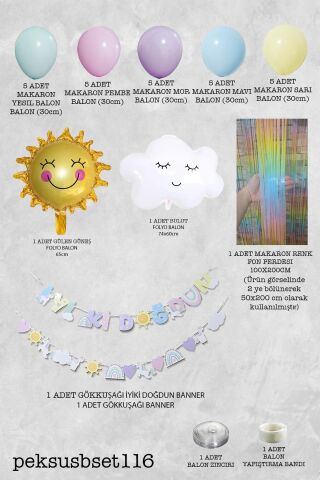 Gökkuşağı Konsept Bannerlı Bulut Güneş Balonlu Makaron Fon Perdeli Balon Zinciri Seti