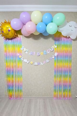 Gökkuşağı Konsept Bannerlı Bulut Güneş Balonlu Makaron Fon Perdeli Balon Zinciri Seti