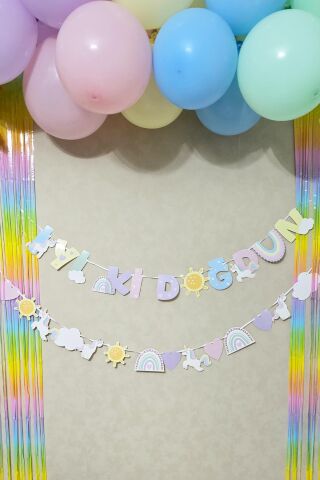 Gökkuşağı Konsept Bannerlı Bulut Güneş Balonlu Makaron Fon Perdeli Balon Zinciri Seti