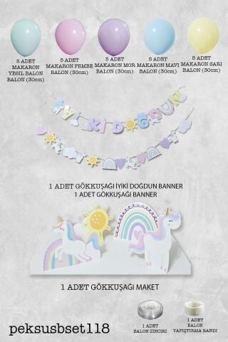 Gökkuşağı Unicorn Konsept Bannerlı Masa Üstü Pano Setli Balon Zinciri Seti