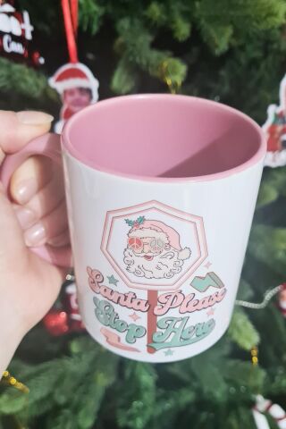 Santa Please Stop Here Tasarım Yılbaşı Hediyesi Pembe Kupa Bardak
