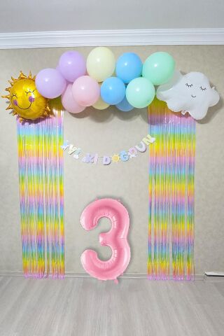 Gökkuşağı Konsept Pembe Yaş Balonu Lüks Parti Süeleme Seti Balon Zinciri Seti 1