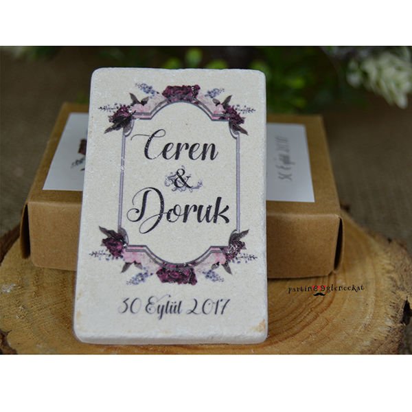 Rustik Bordo Çiçekler Konsept Baskılı Taş Magnet