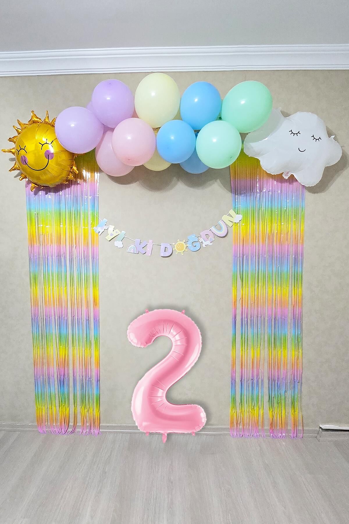 Gökkuşağı Konsept Pembe Yaş Balonu Lüks Parti Süeleme Seti Balon Zinciri Seti 2