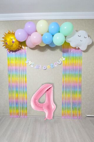 Gökkuşağı Konsept Pembe Yaş Balonu Lüks Parti Süeleme Seti Balon Zinciri Seti 4