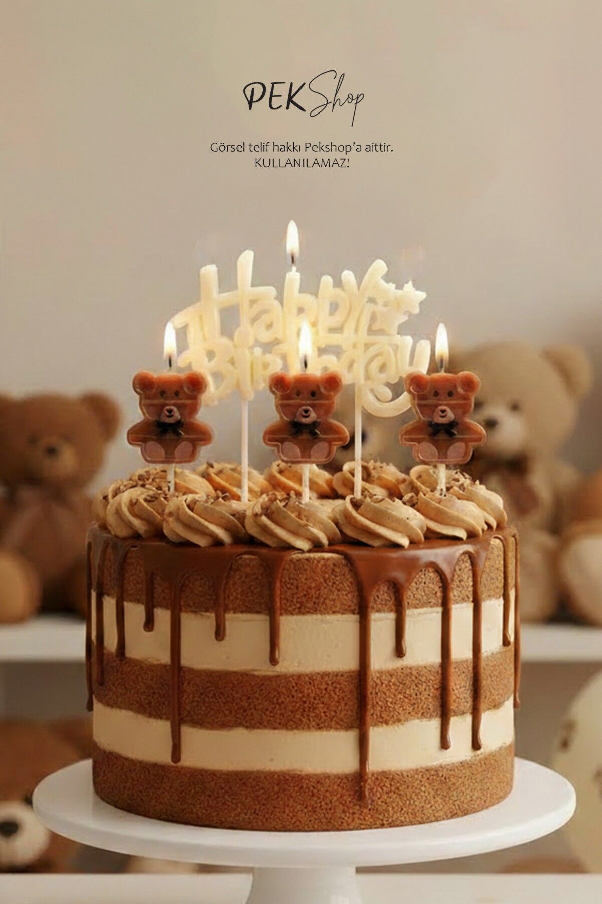 Ayıcık Tema Happy Birthday Mum Seti 4lü Ayıcık Tema Doğum Günü Pasta Mum Seti