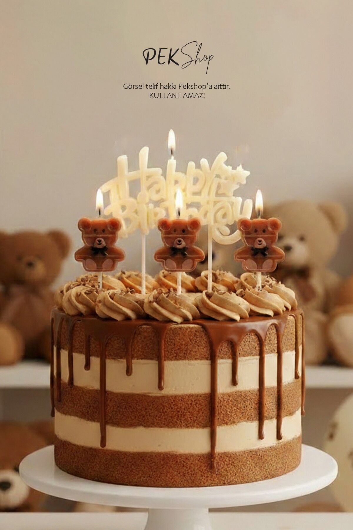 Ayıcık Tema Happy Birthday Mum Seti 4lü Ayıcık Tema Doğum Günü Pasta Mum Seti