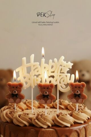 Ayıcık Tema Happy Birthday Mum Seti 4lü Ayıcık Tema Doğum Günü Pasta Mum Seti