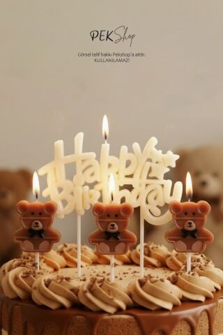 Ayıcık Tema Happy Birthday Mum Seti 4lü Ayıcık Tema Doğum Günü Pasta Mum Seti
