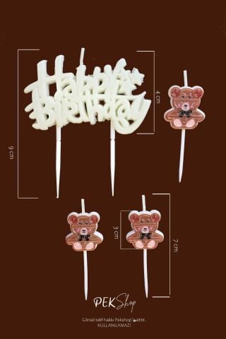 Ayıcık Tema Happy Birthday Mum Seti 4lü Ayıcık Tema Doğum Günü Pasta Mum Seti
