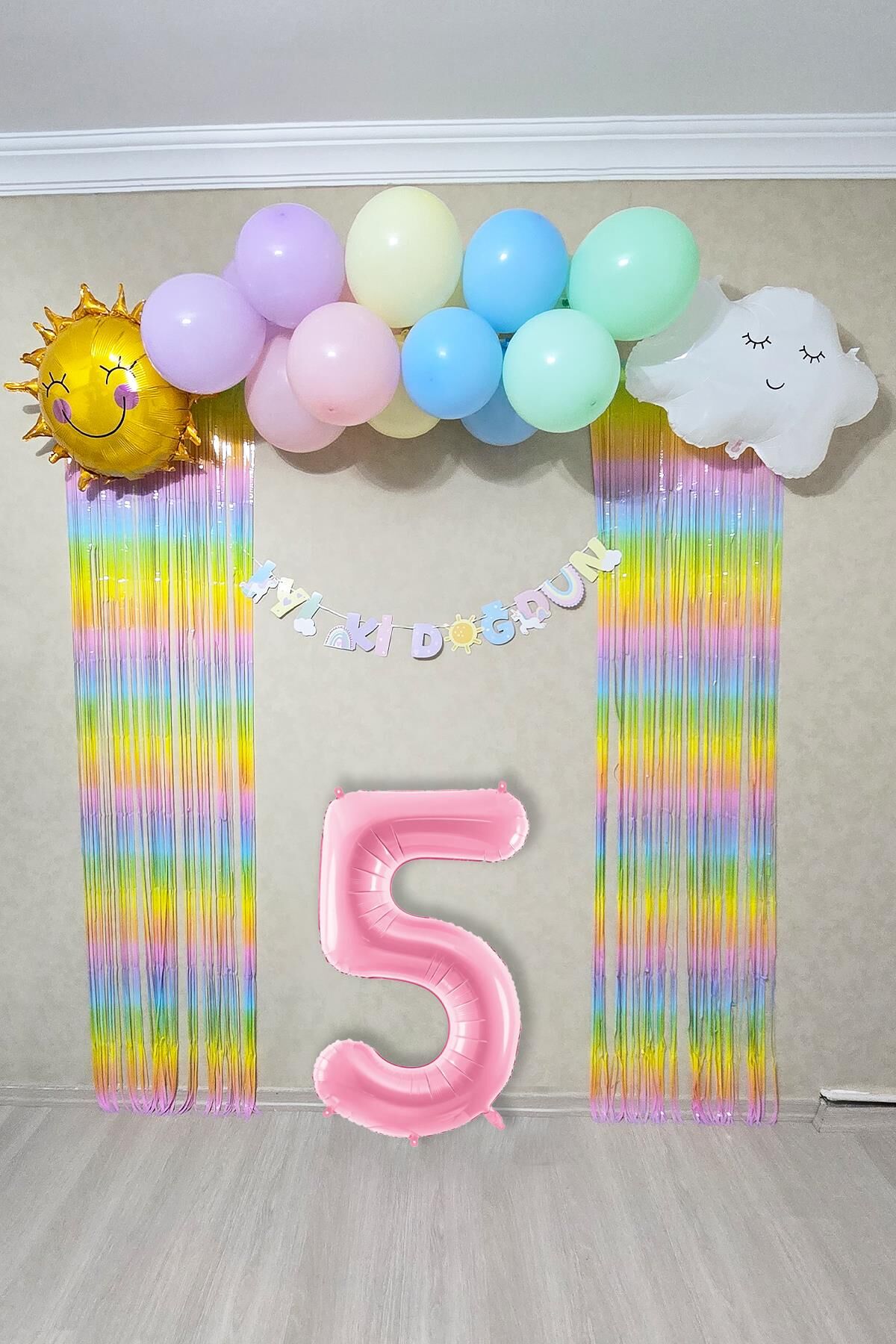 Gökkuşağı Konsept Pembe Yaş Balonu Lüks Parti Süeleme Seti Balon Zinciri Seti 5