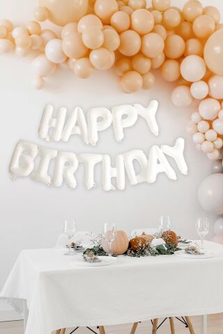 Beyaz Renk Happy Birthday Folyo Balon Seti Doğum Günü Balon Süsleme Seti
