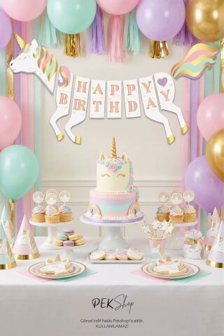 3D Unicorn Happy Birthday Banner Unicorn Doğum Günü Duvar Yazısı