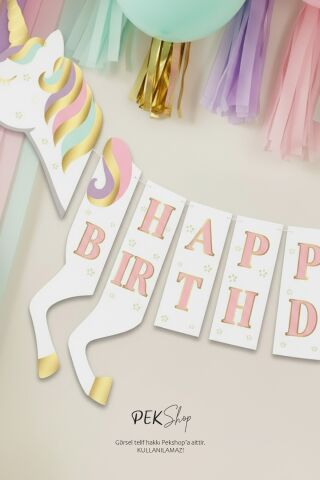3D Unicorn Happy Birthday Banner Unicorn Doğum Günü Duvar Yazısı