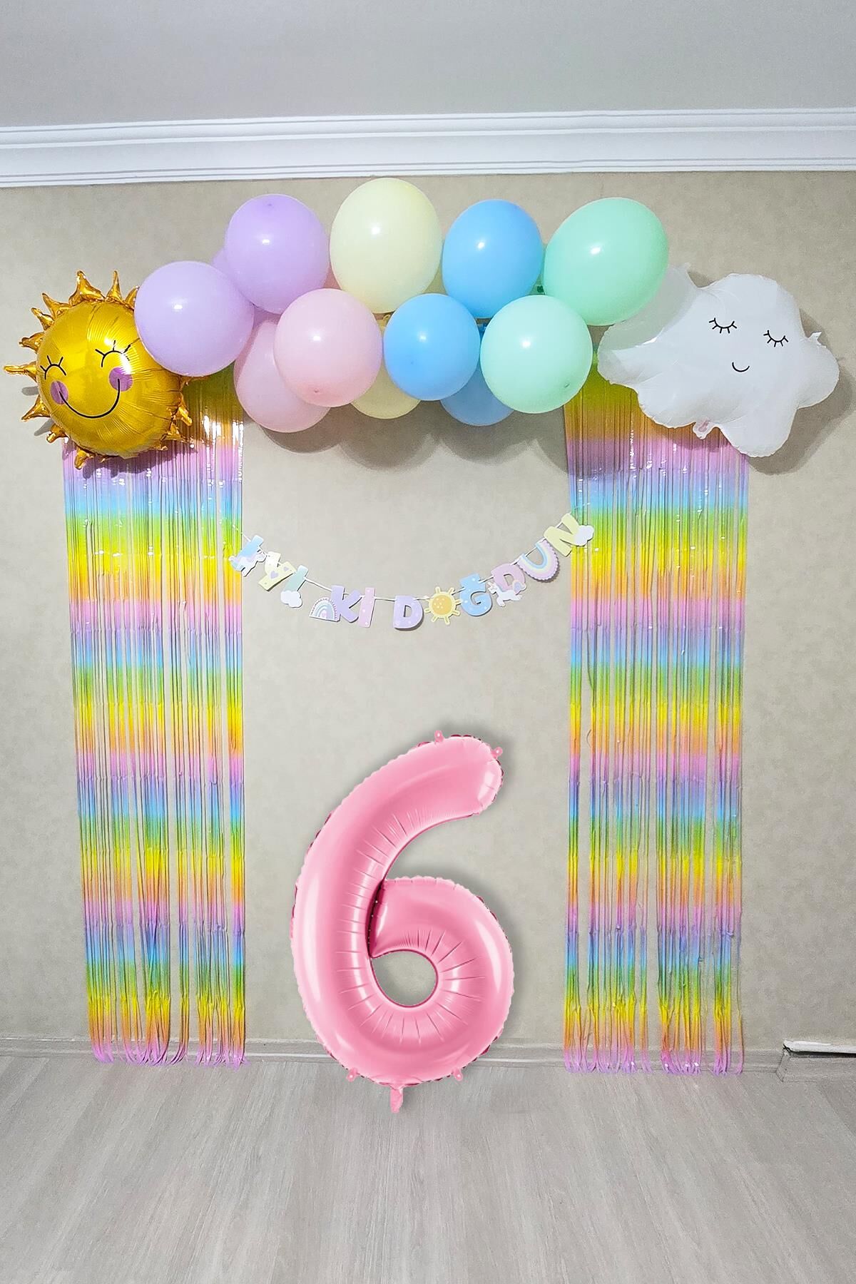 Gökkuşağı Konsept Pembe Yaş Balonu Lüks Parti Süeleme Seti Balon Zinciri Seti 6