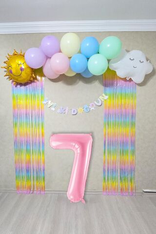 Gökkuşağı Konsept Pembe Yaş Balonu Lüks Parti Süeleme Seti Balon Zinciri Seti 7