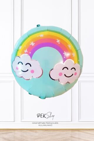 Yuvarlak Bulutlu Gökkuşağı Baskılı Folyo Balon 45cm