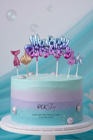 Deniz Kızı Tema Happy Birthday Mum Seti 5li Deniz Kızı Tema Doğum Günü Pasta Mum Seti
