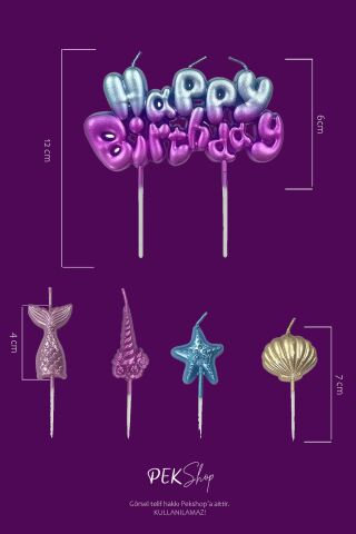 Deniz Kızı Tema Happy Birthday Mum Seti 5li Deniz Kızı Tema Doğum Günü Pasta Mum Seti