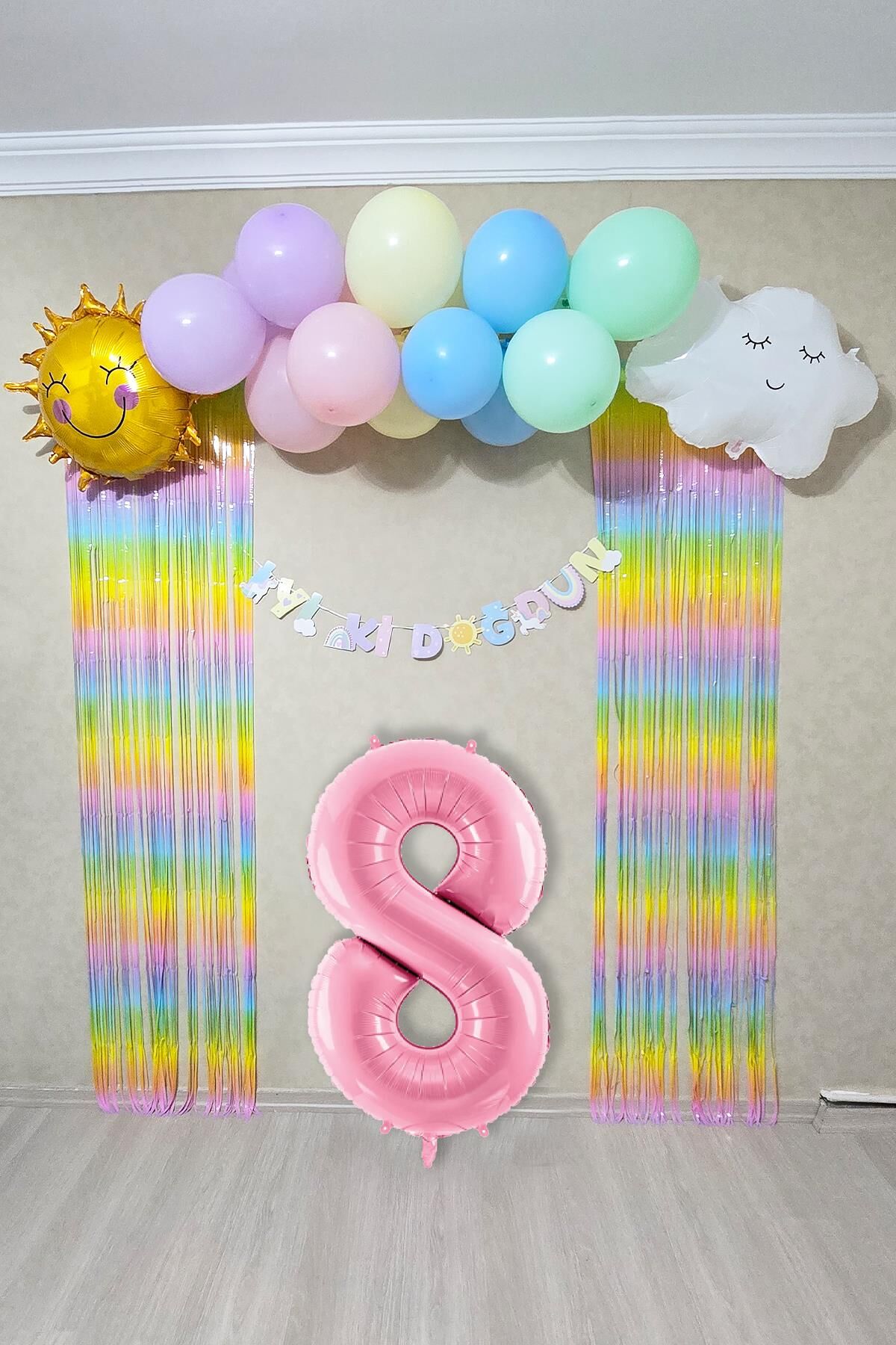 Gökkuşağı Konsept Pembe Yaş Balonu Lüks Parti Süeleme Seti Balon Zinciri Seti 8