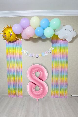 Gökkuşağı Konsept Pembe Yaş Balonu Lüks Parti Süeleme Seti Balon Zinciri Seti 8
