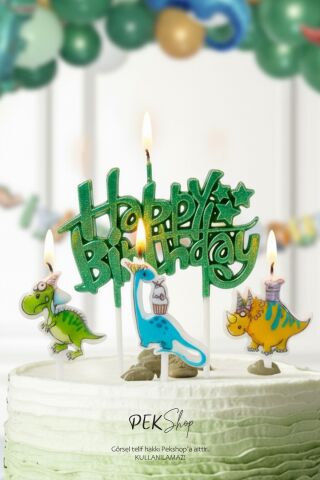 Dinazor Tema Happy Birthday Mum Seti 4lü Dinazor Tema Doğum Günü Pasta Mum Seti