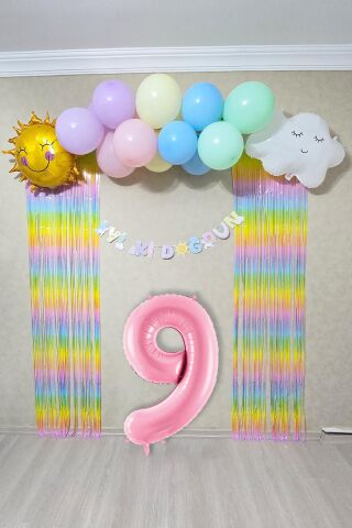 Gökkuşağı Konsept Pembe Yaş Balonu Lüks Parti Süeleme Seti Balon Zinciri Seti 9