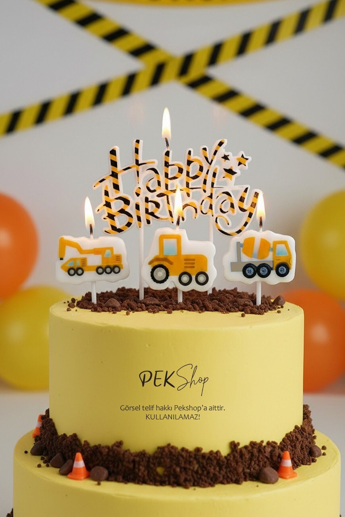 İnşaat Tema Happy Birthday Mum Seti 4lü İnşaat Tema Doğum Günü Pasta Mum Seti