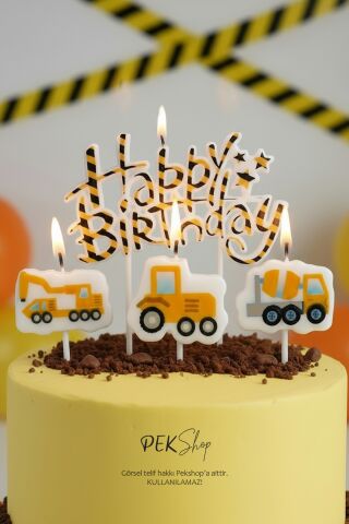 İnşaat Tema Happy Birthday Mum Seti 4lü İnşaat Tema Doğum Günü Pasta Mum Seti