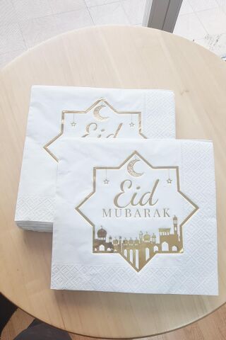 Eid Mubarak Altın Varak Yaldız Gold Baskılı İftar Sofrası Sunum Peçetesi 16lı Paket Ramazan Süsleri