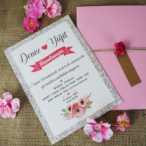 Pembe Çiçekli Gümüş Konseptli Davetiye