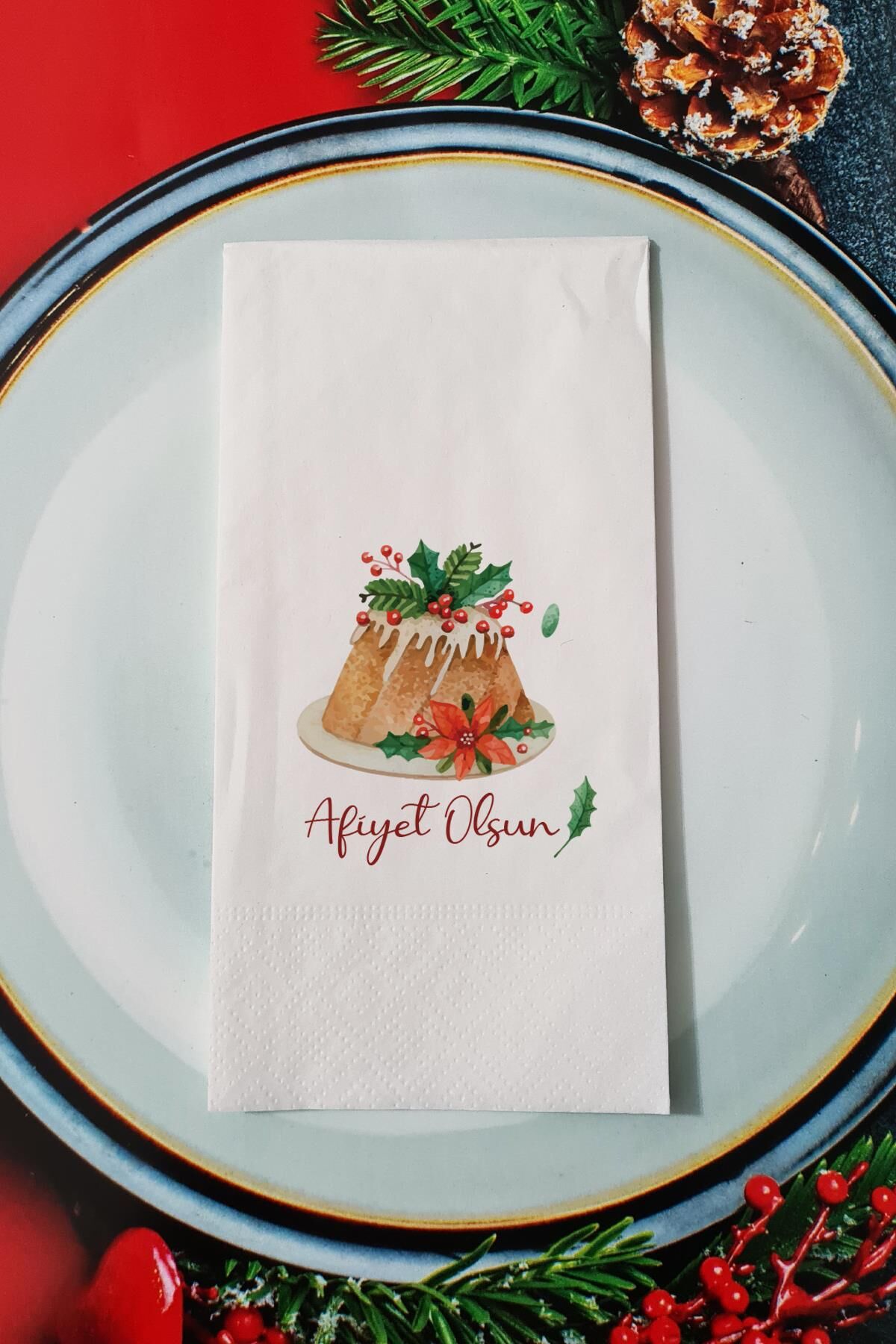 Afiyet Olsun Yazılı Yılbaşı Pudingi Yeni Yıl Sunum Peçetesi