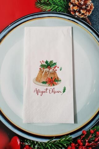 Afiyet Olsun Yazılı Yılbaşı Pudingi Yeni Yıl Sunum Peçetesi