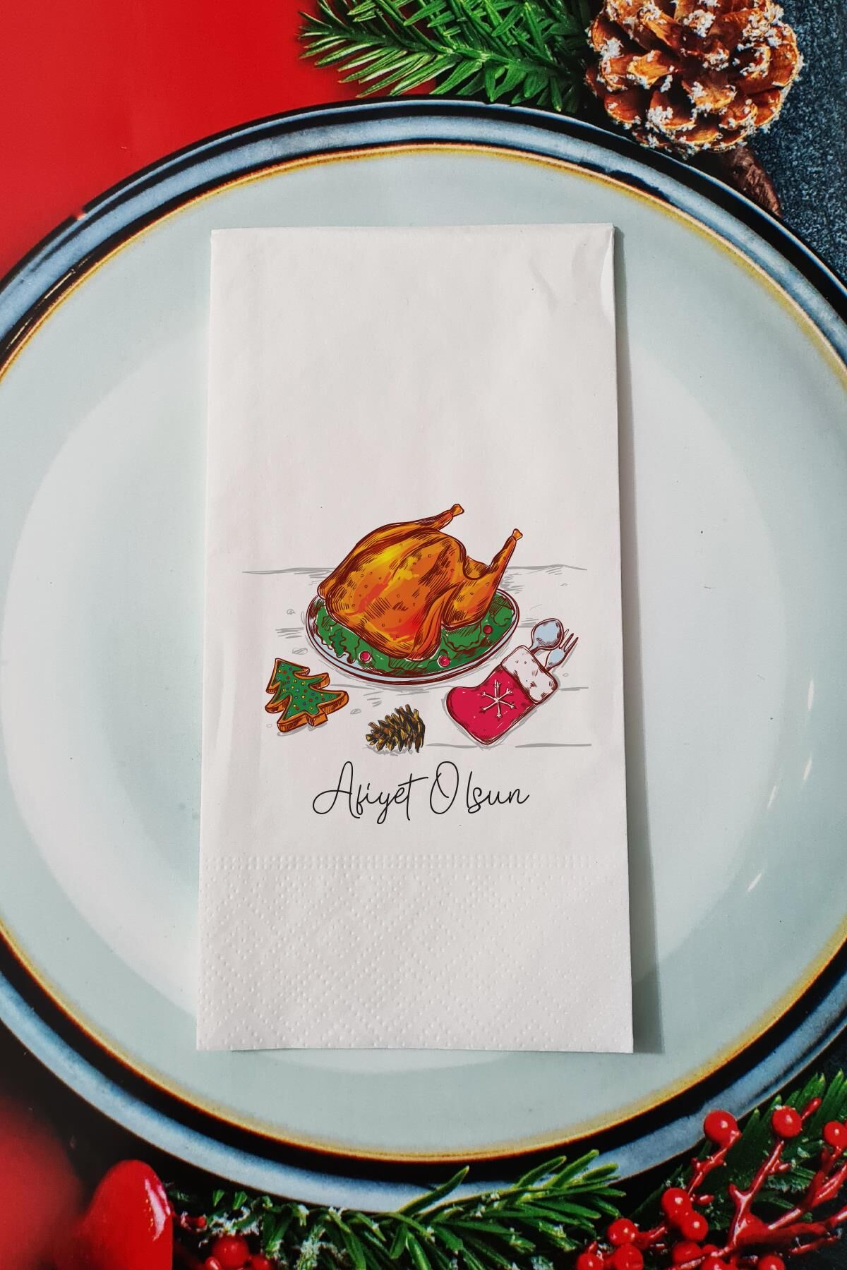 Afiyet Olsun Yazılı Yılbaşı Hindisi Yeni Yıl Sunum Peçetesi