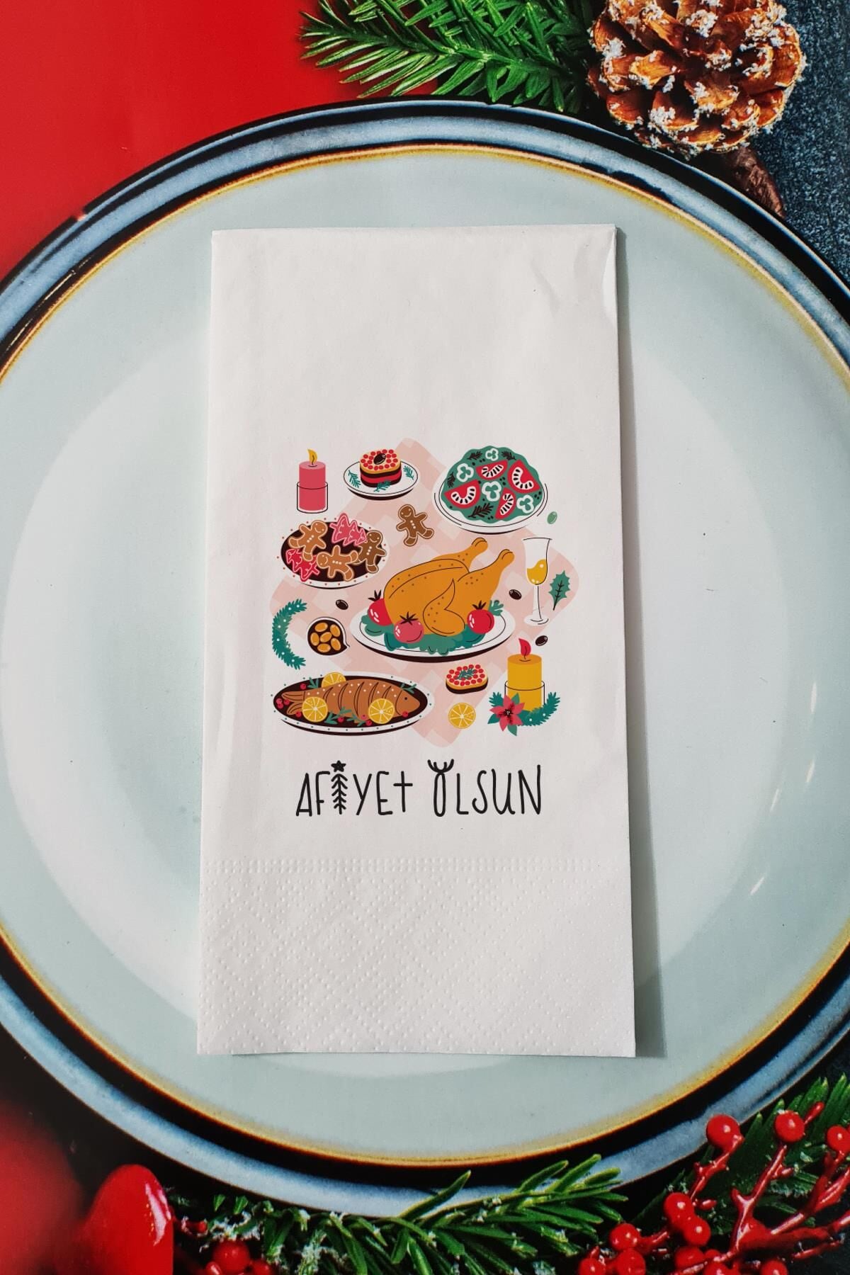 Afiyet Olsun Yazılı Yılbaşı Ziyafeti Yeni Yıl Sunum Peçetesi