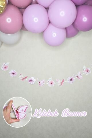 Kelebekler Banner Çiçekli Kelebekler Retro Pastel Renkler Banner Süs