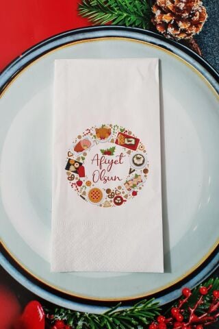 Afiyet Olsun Yazılı Yılbaşı Yemeklerim Yeni Yıl Sunum Peçetesi