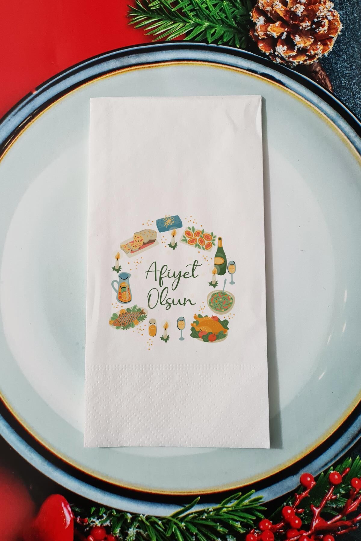 Afiyet Olsun Yazılı Yılbaşı Sofram Yeni Yıl Sunum Peçetesi
