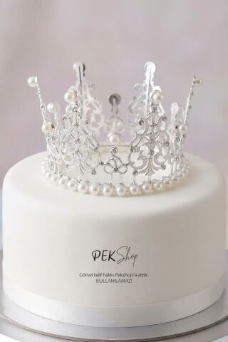 İncili Gümüş Pasta Tacı Pasta Üzeri Taç