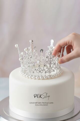 İncili Gümüş Pasta Tacı Pasta Üzeri Taç