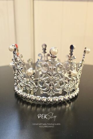 İncili Gümüş Pasta Tacı Pasta Üzeri Taç