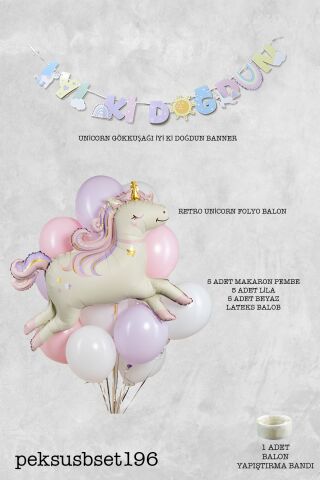 Unicorn Tema Doğum Günü Balon Seti Retro Unicorn Balon ve Bannerlı Set