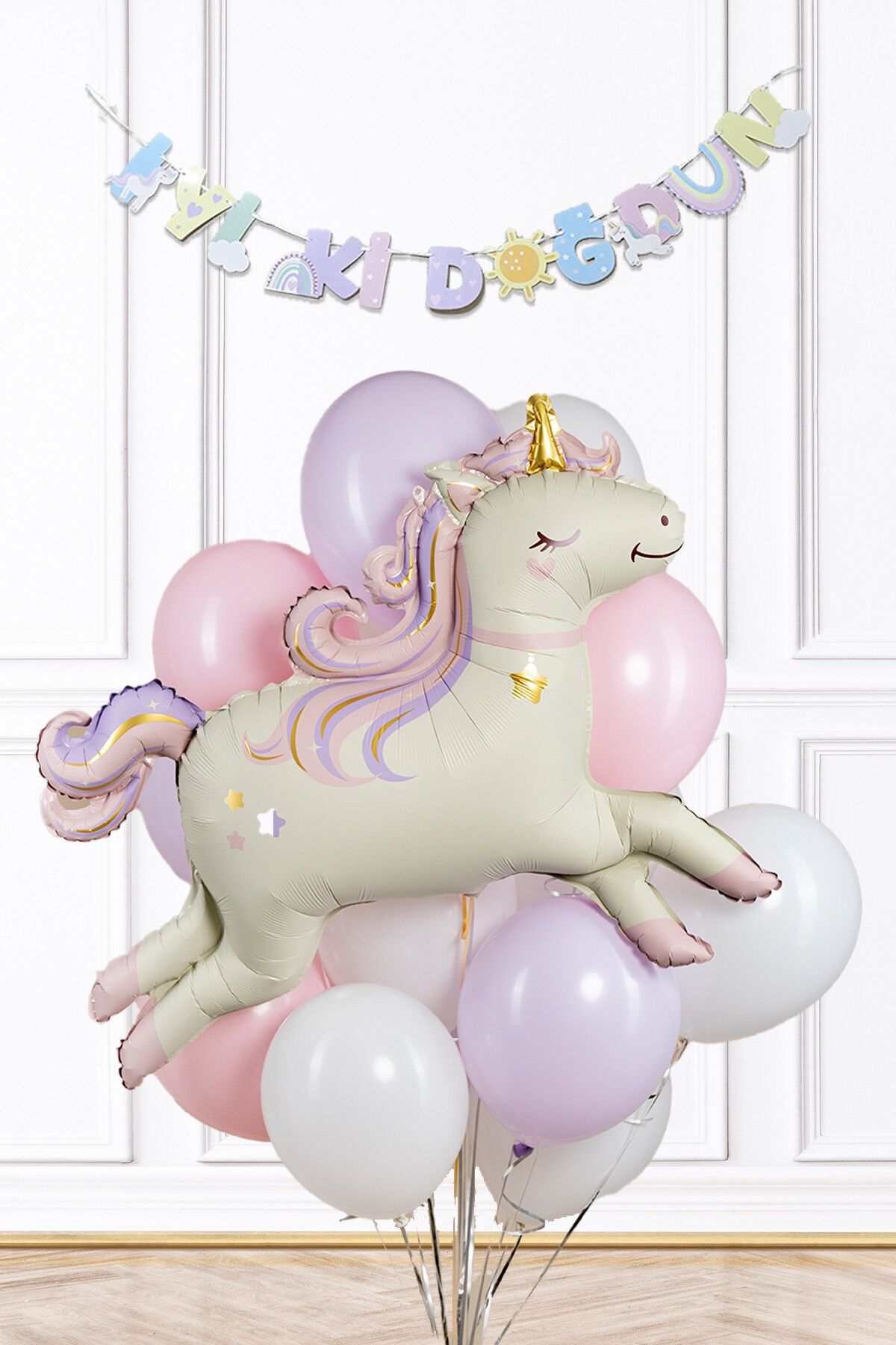 Unicorn Tema Doğum Günü Balon Seti Retro Unicorn Balon ve Bannerlı Set
