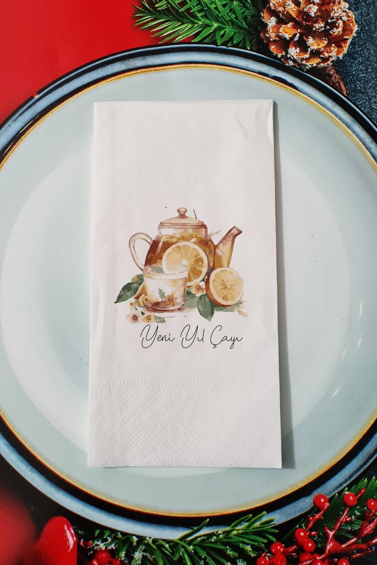Yeni Yıl Çayı Yazılı Yeni Yıl Sunum Peçetesi